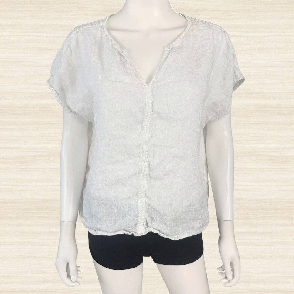 Tahari 100% Linen V-Neck Blouse Cap Sleeve Relaxed Coastal Minimalist White L